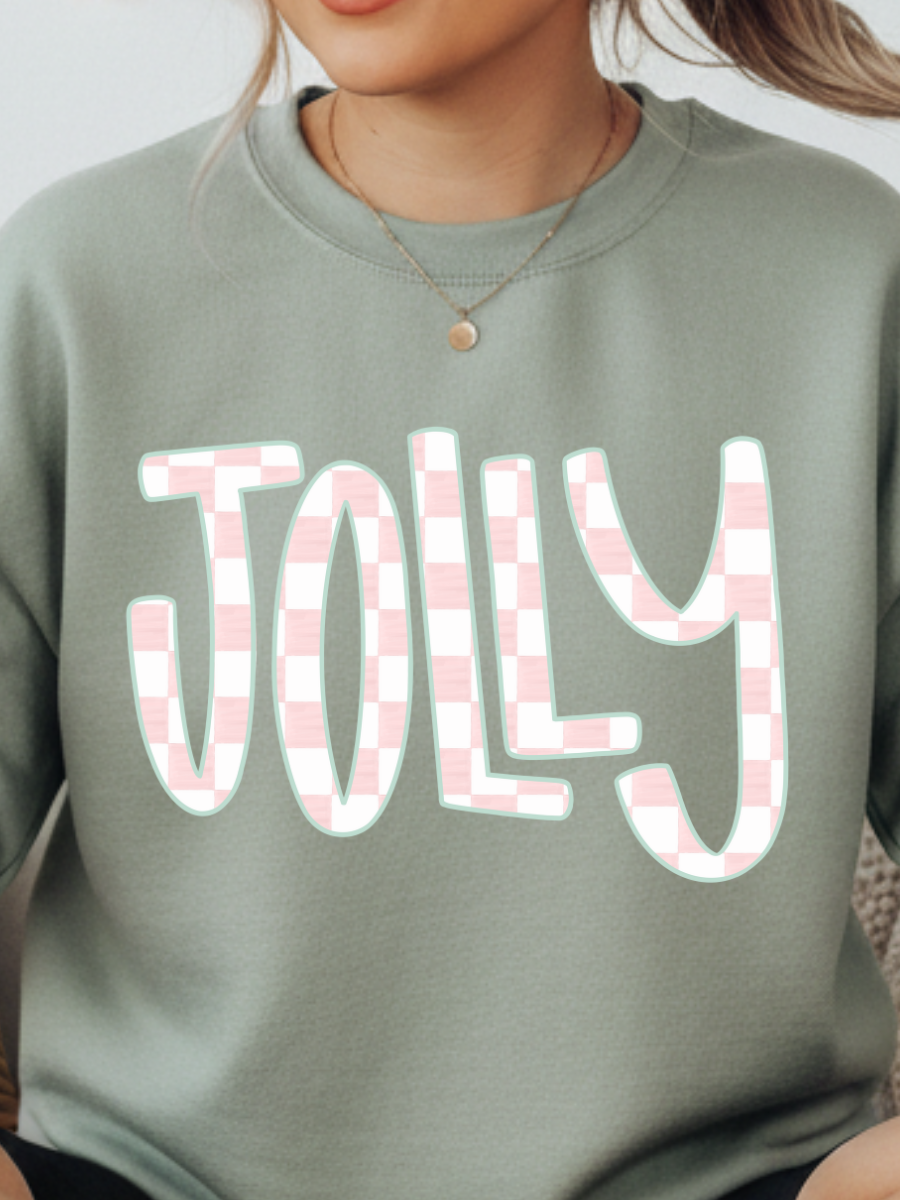 Jolly Checkered Christmas Sweatshirt | Pink + Green Holiday Crewneck