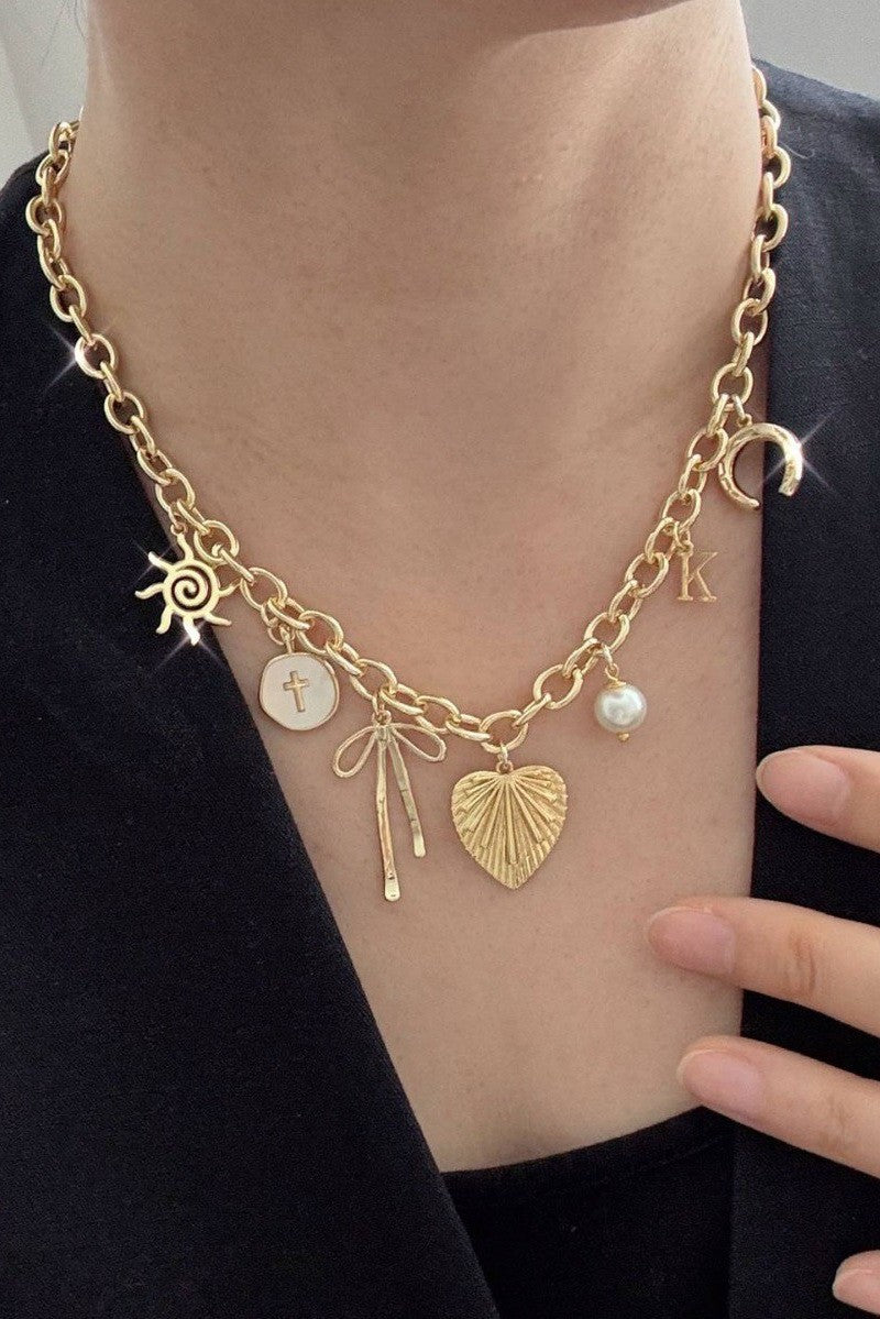 BOW HEART PEARL CHARM NECKLACE