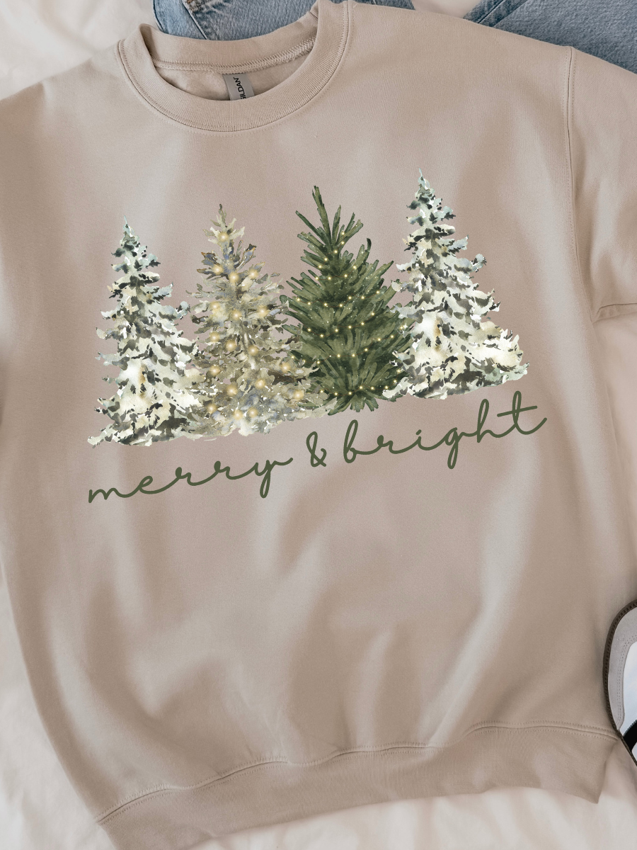 Merry & Bright Sweatshirt | Neutral Christmas Tree Crewneck