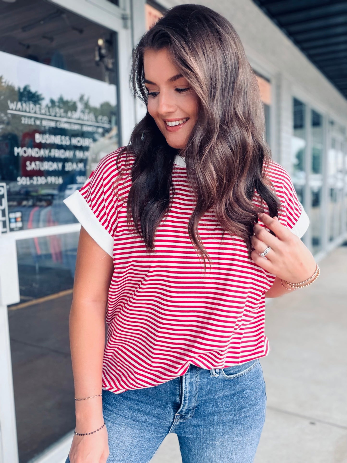 Stripe Contrast Trim Rib Banded Top