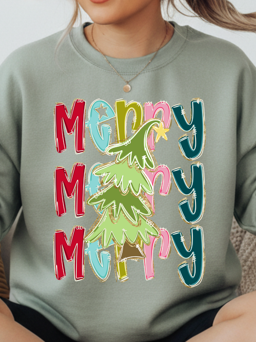 MERRY STACKED CHRISTMAS TREE | STONEWASH GREEN CREWNECK