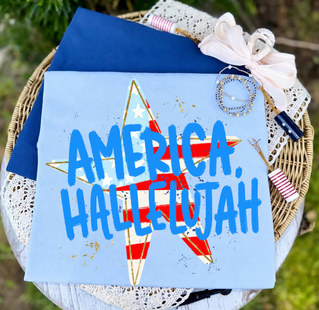 AMERICA HALLELUJAH GRAPHIC TEE | CHINA BLUE & HYRANGEA