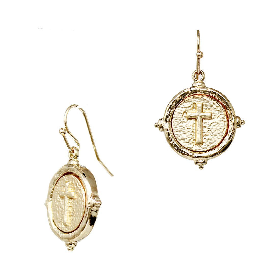 GOLD CROSS STAMPED COIN EARRING