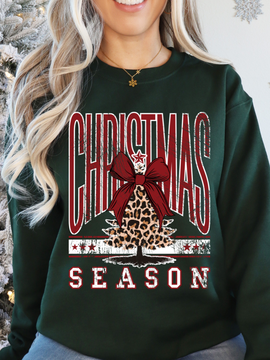 Christmas Season Sweatshirt | Leopard Tree & Red Bow Holiday Crewneck