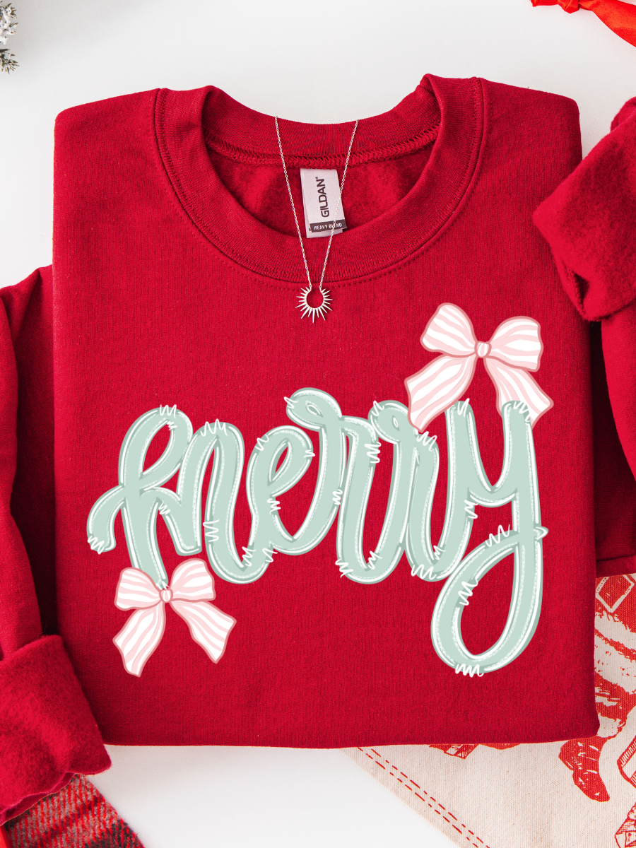 Festive Merry Bow Crewneck | Mint + Red Christmas | YOUTH + ADULT