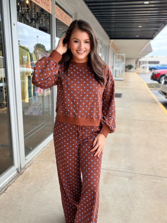BLUE & BROWN POLKA DOT PANT SET