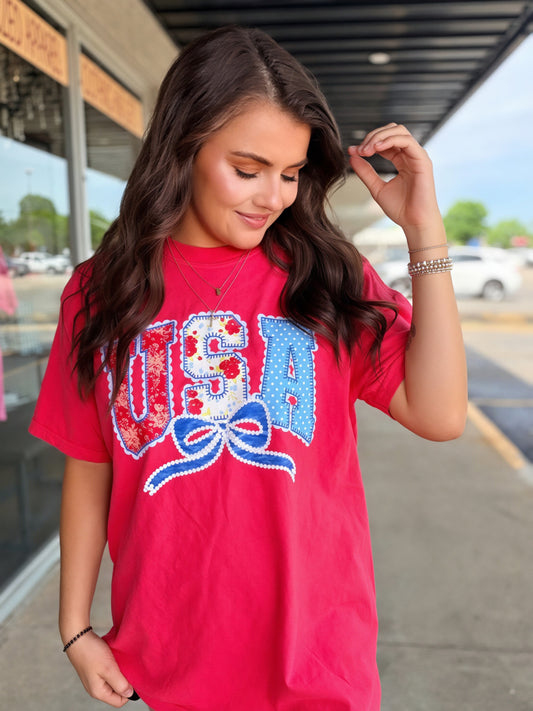 USA PATCHWORK BOW TEE | PAPRIKA