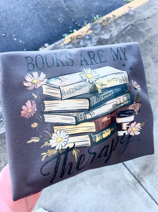 BOOKS ARE MY THERAPY CREWNECK | CHARCOAL