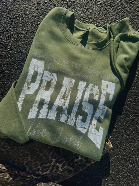 I'VE GOT A REASON TO PRAISE THE LORD CREWNECK | MILITARY GREEN