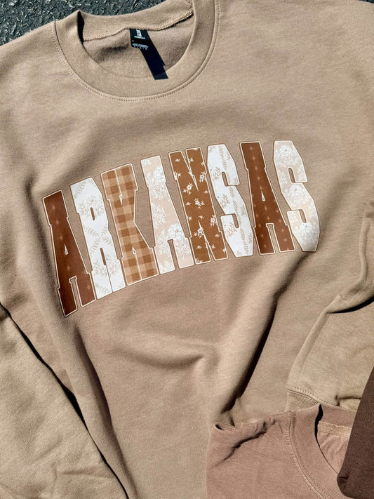 BROWN ARKANSAS PATCHWORK CREWNECK
