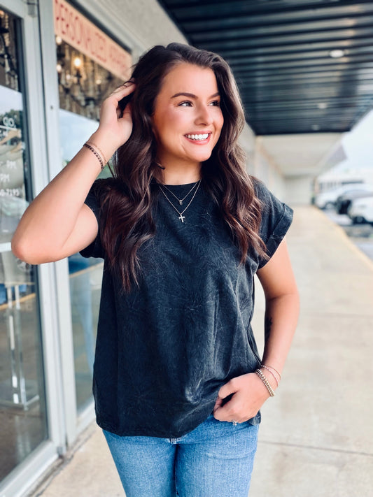Crinkle Washed Round Neck Folded Short Sleeve Tee