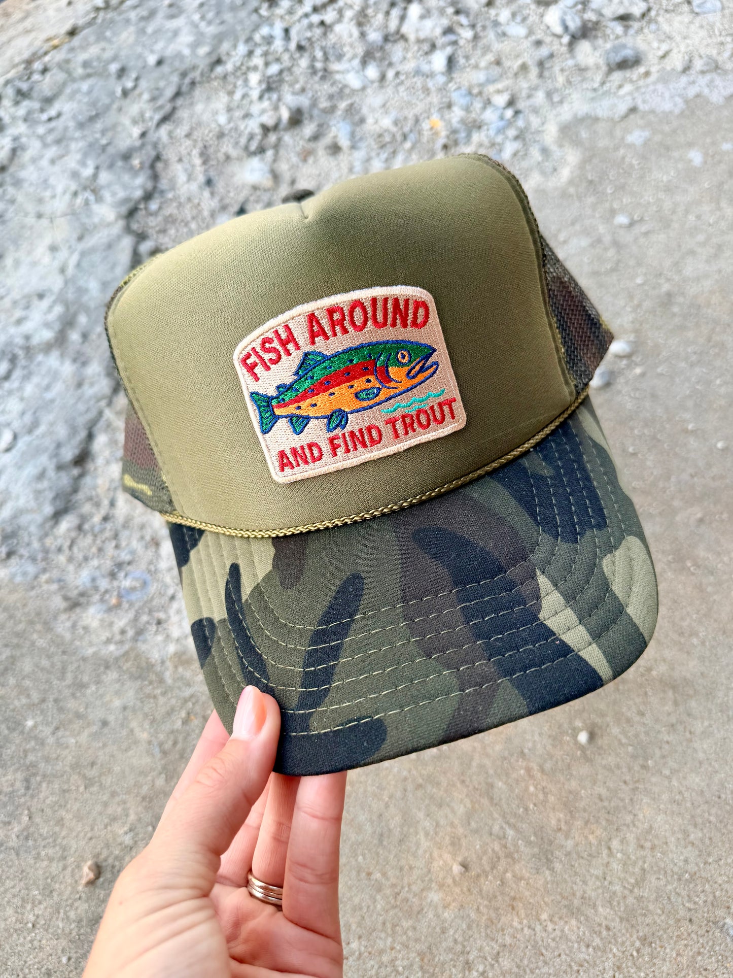 FISH AROUND AND FIND TROUT | CAMO TRUCKER HAT