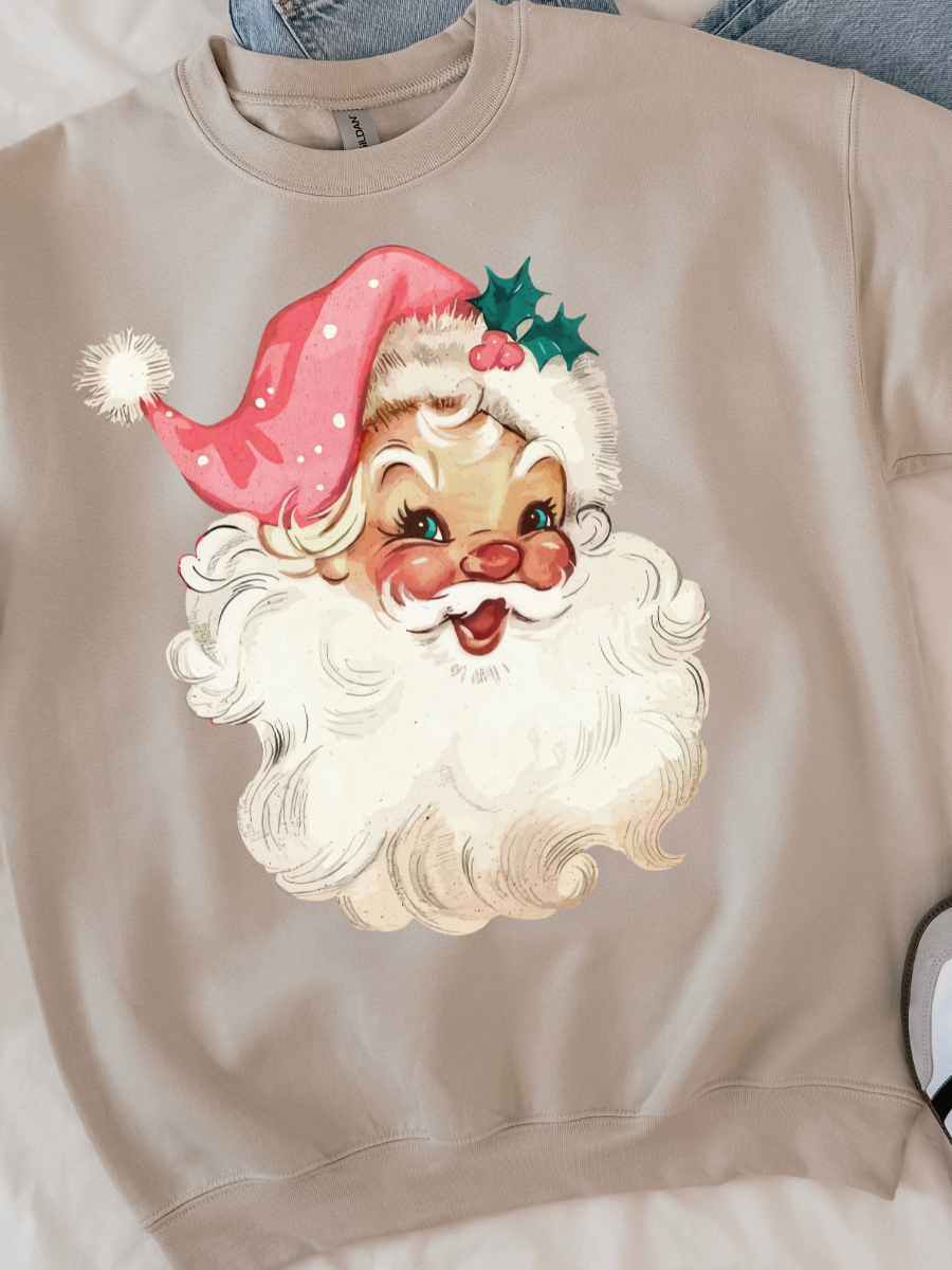 Retro Jolly Santa Crewneck | Pink Santa Christmas Sweatshirt