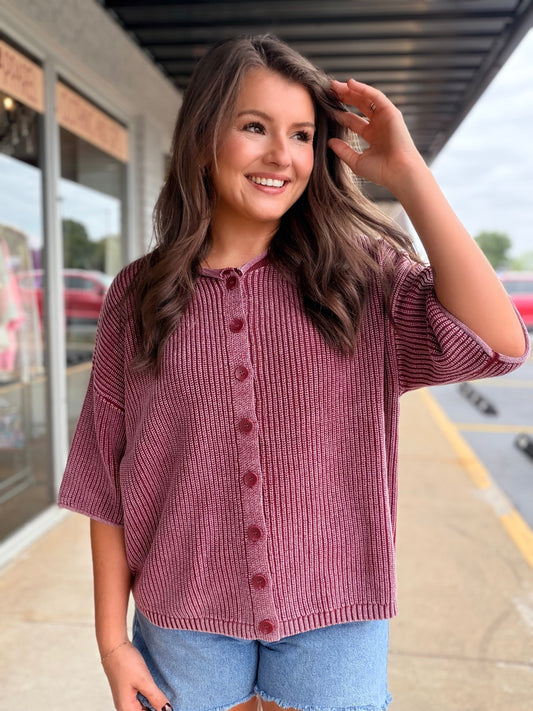 WASHED RIBBED ROLLED EDGE SWEATER TOP