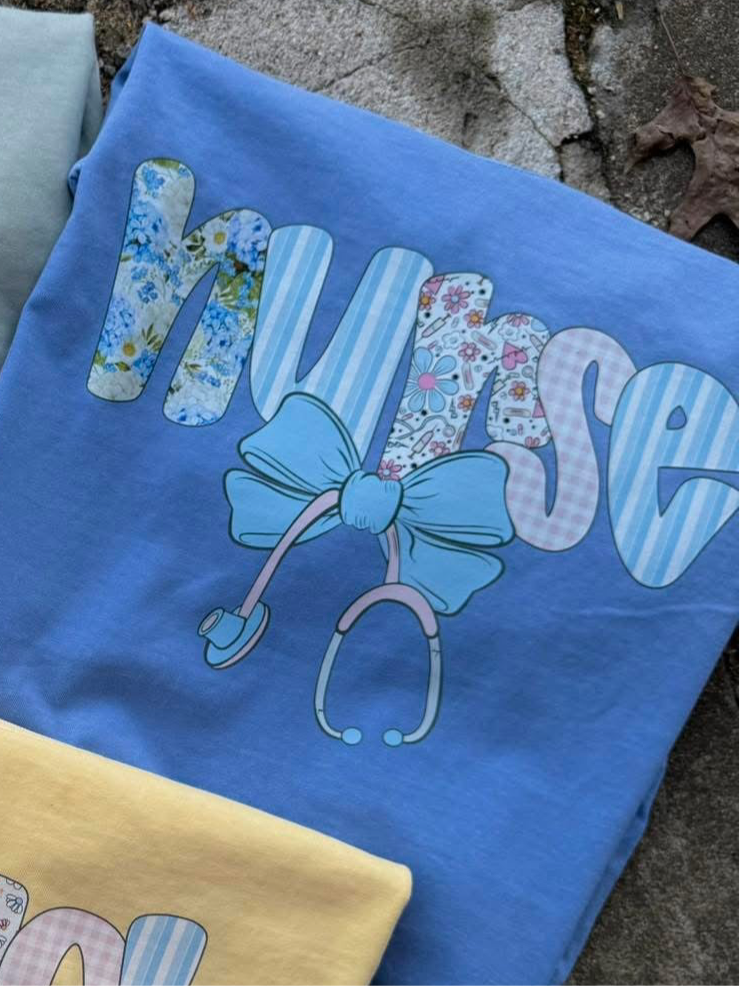 Blue Floral Nurse Graphic Tee