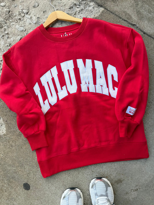 WHITE ON RED LULU MAC CREWNECK