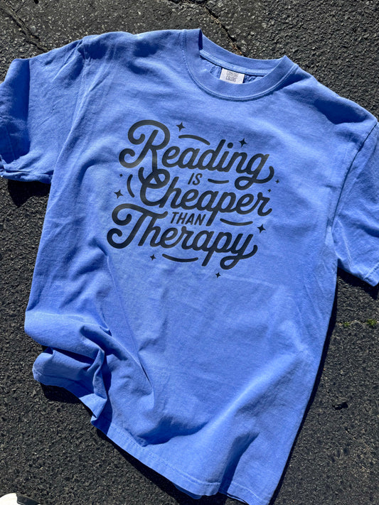 READING IS CHEAPER THEN THERAPY T-SHIRT | PERIWINKLE