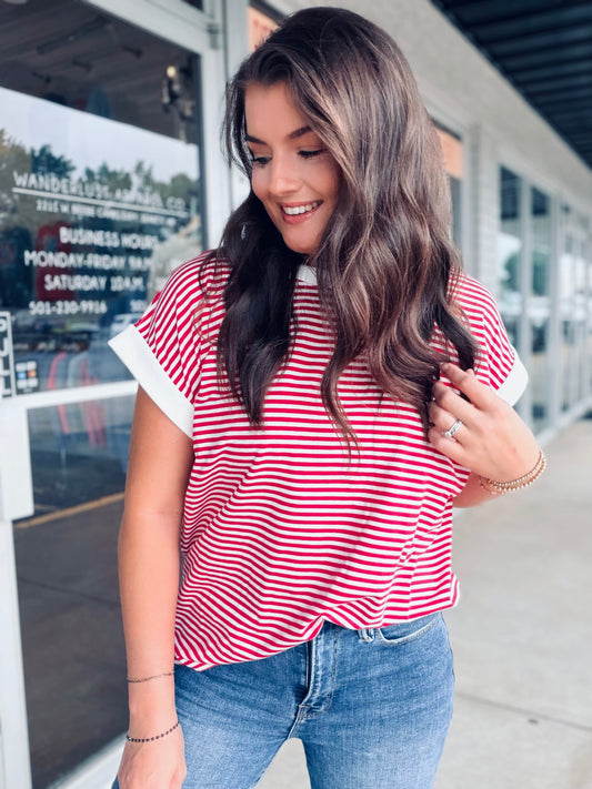 Stripe Contrast Trim Rib Banded Top