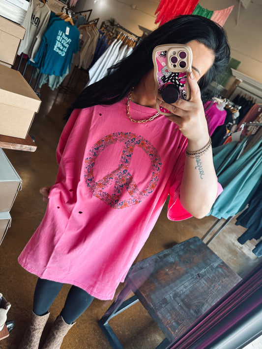 Oversized Distressed Peace Sign Tee | PINK