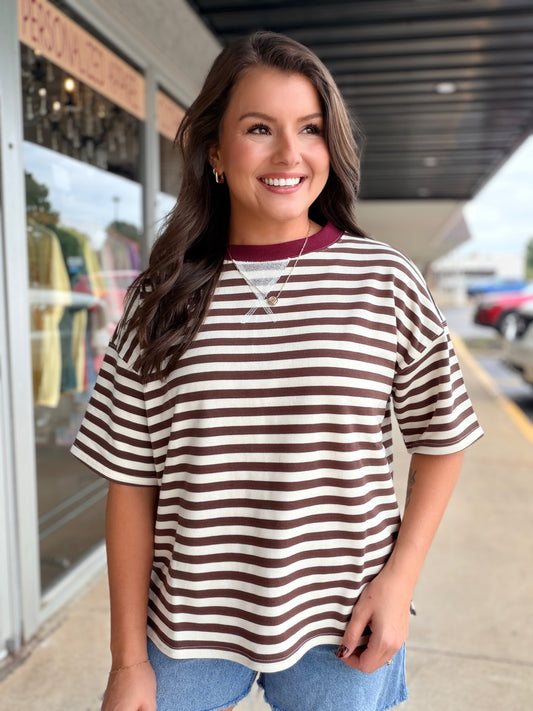 BROWN COLOR BLOCK KNIT TOP
