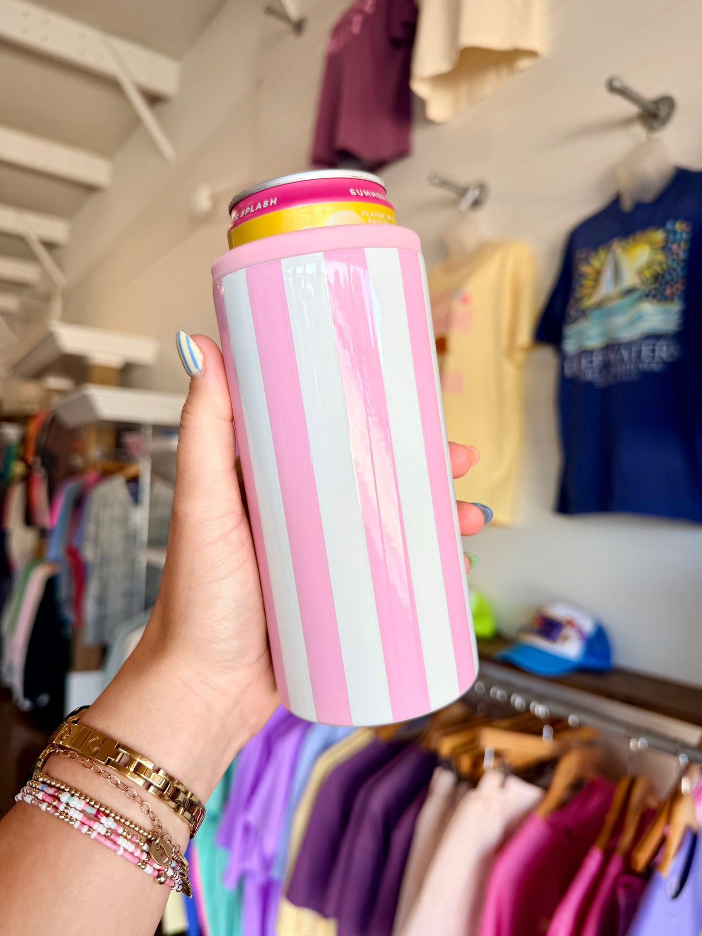 PINK STRIPE SLIM CAN KOOZIE