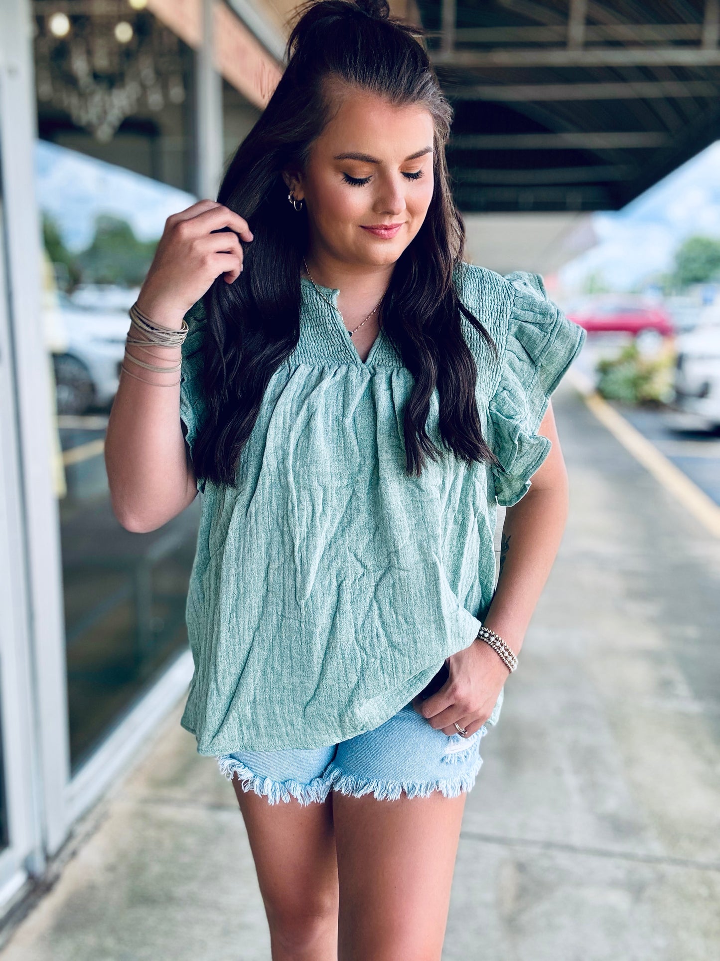 Going places green ruffle sleeve top