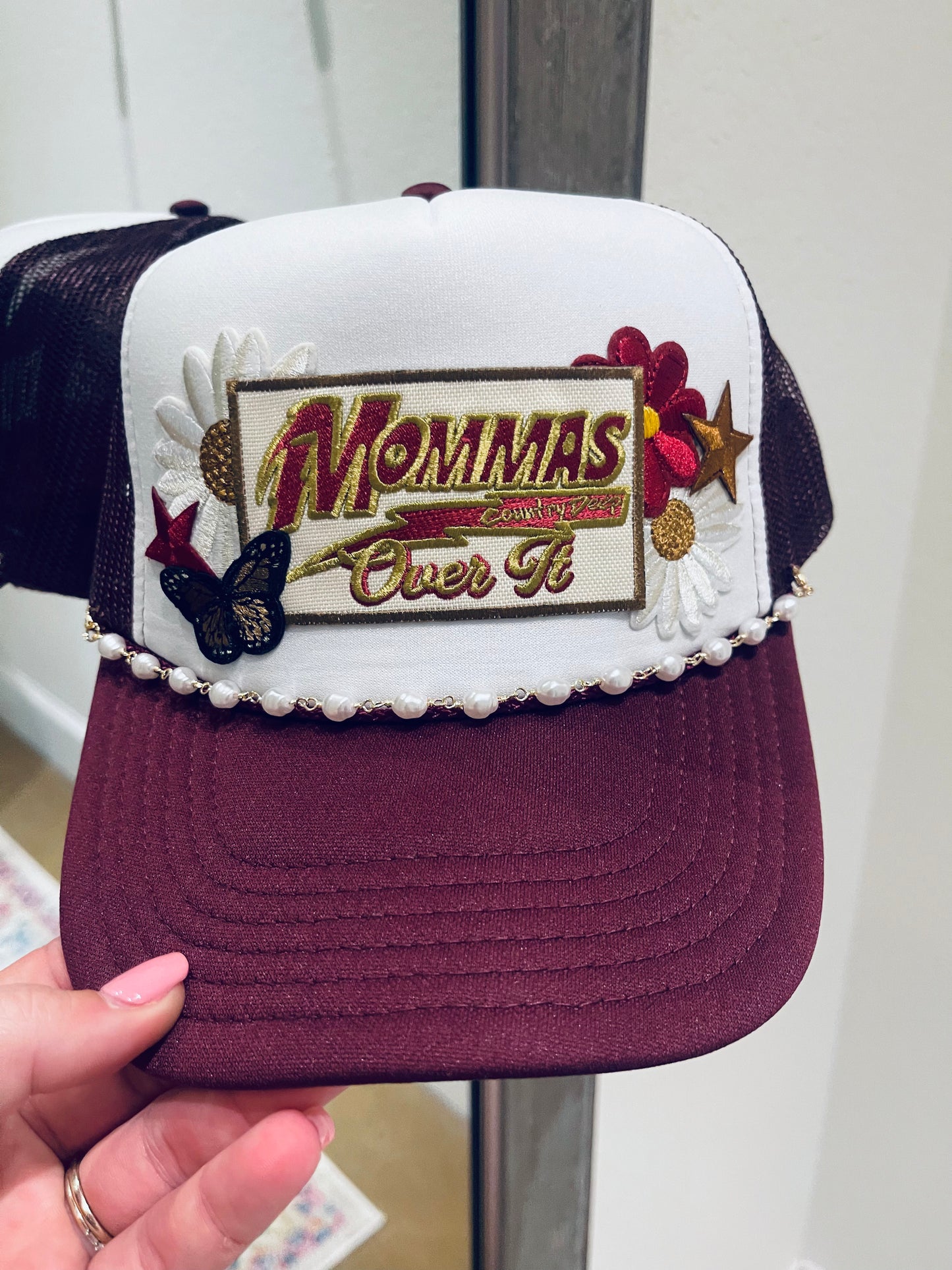 Mommas over it maroon trucker hat