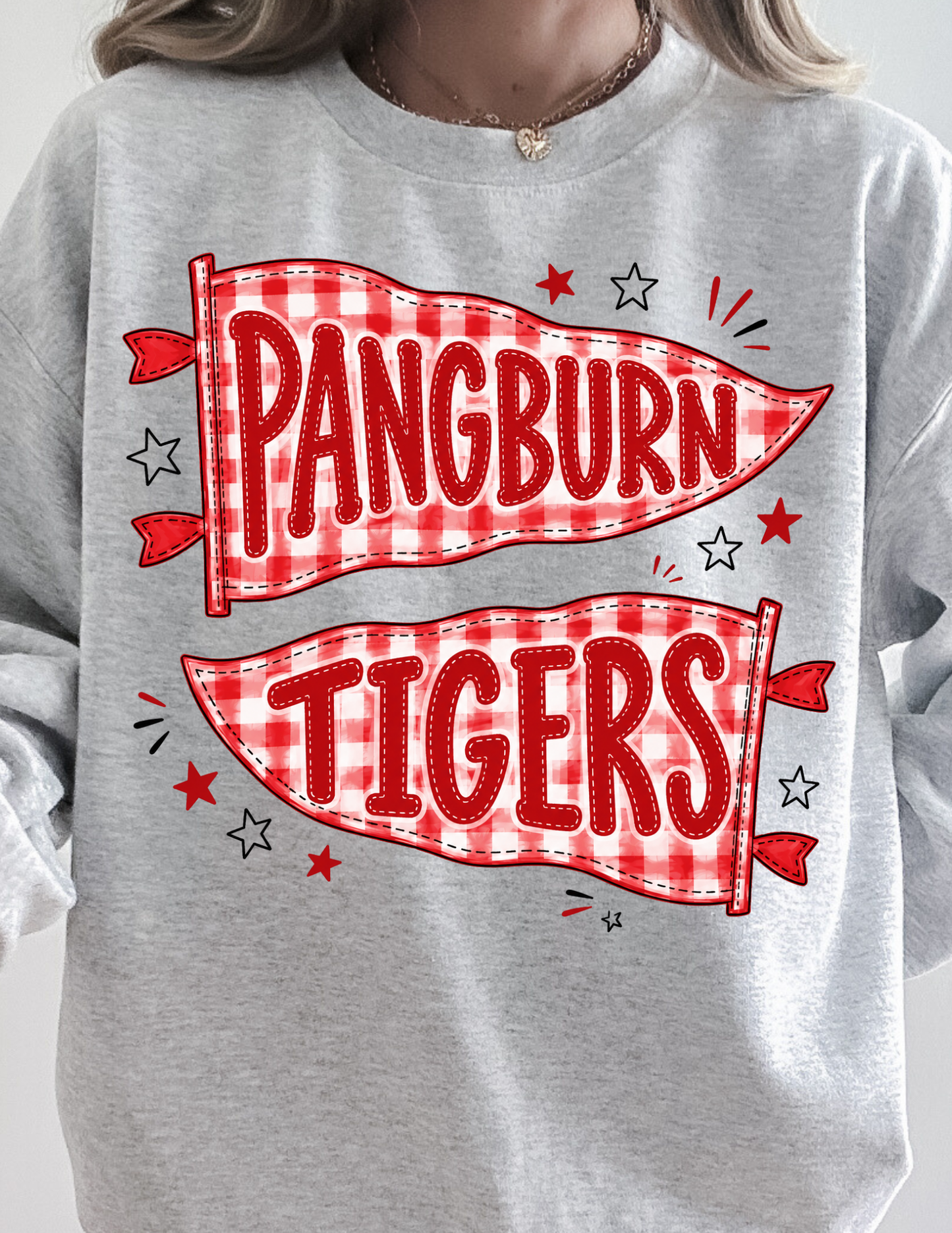 GINGHAM PANGBURN TIGERS PENNANT FLAG CREWNECK