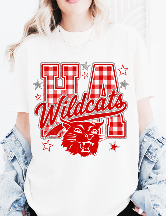 HA WILDCATS GINGHAM MASCOT TEE WHITE