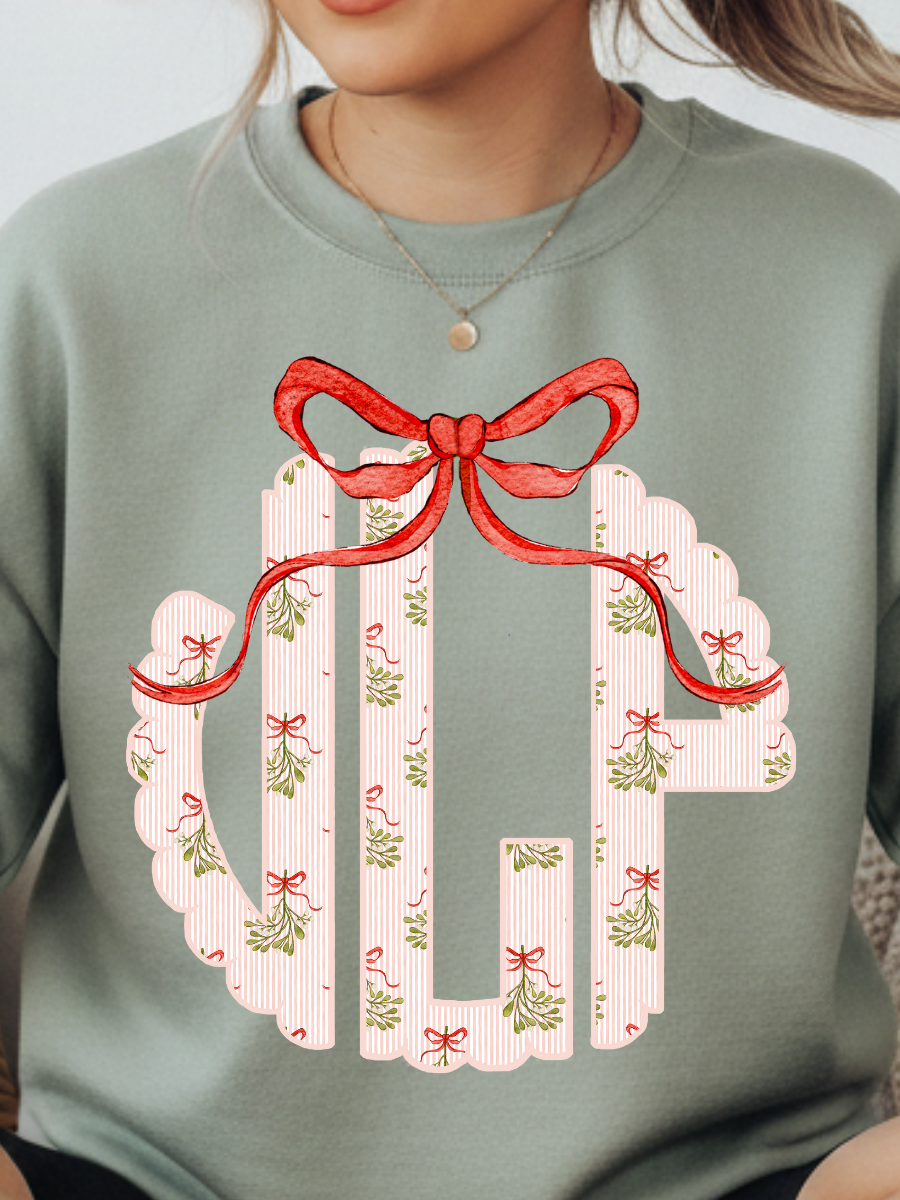Personalized Christmas Monogram Crewneck | Scalloped Holiday Bow Sweatshirt
