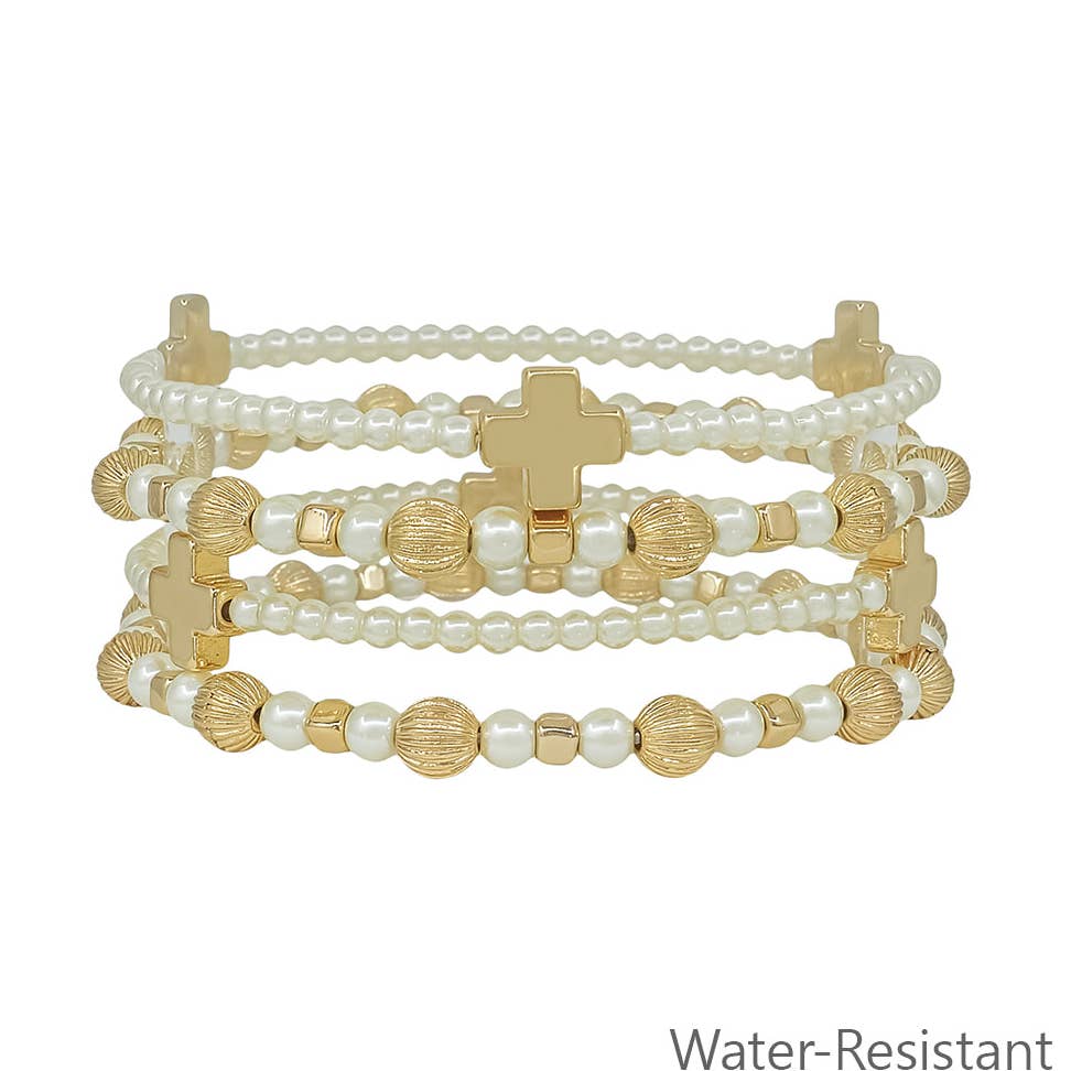 4 STACK BEADED CROSS WATER RESISTANT GOLD & PEARL BRACELET