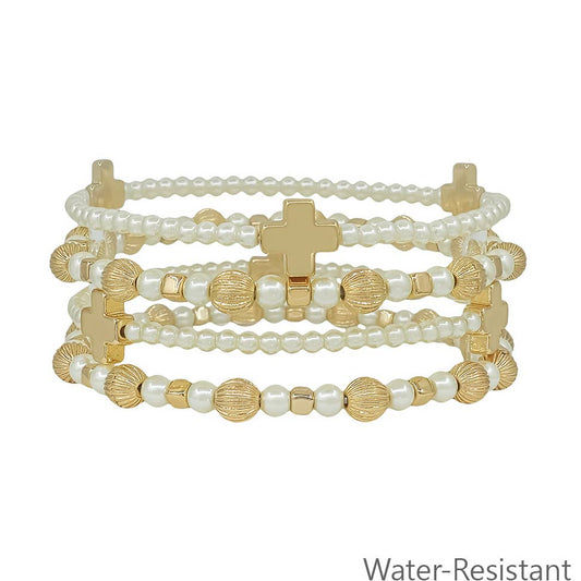4 STACK BEADED CROSS WATER RESISTANT GOLD & PEARL BRACELET