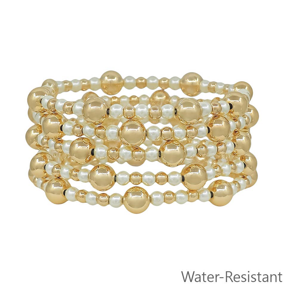 5 STACK BEADED WATER RESISTANT GOLD & PEARL BRACELET