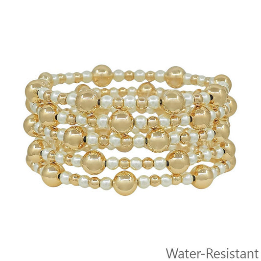 5 STACK BEADED WATER RESISTANT GOLD & PEARL BRACELET