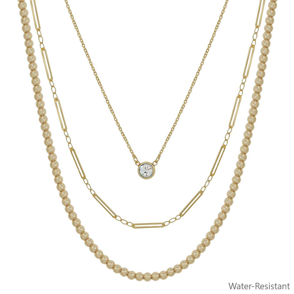 WATER RESISTANT GOLD TRIPLE LAYERED CHAIN W/CRYSTAL NECKLACE