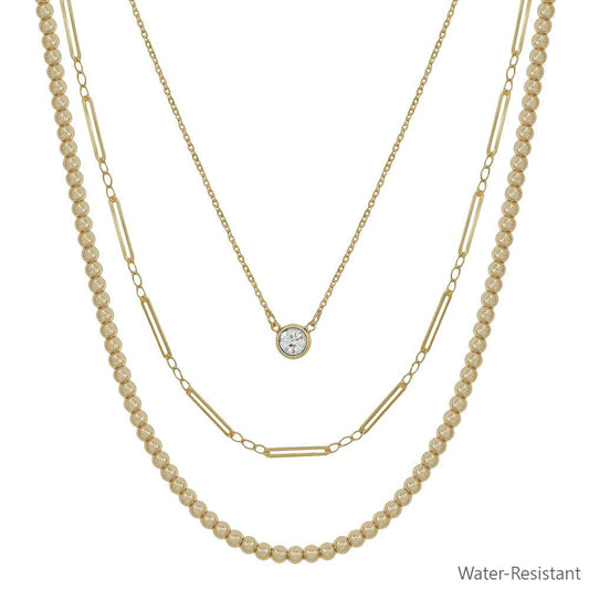 WATER RESISTANT GOLD TRIPLE LAYERED CHAIN W/CRYSTAL NECKLACE